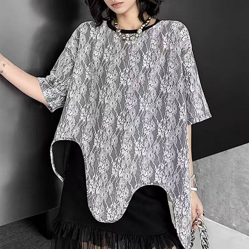 不規則デザインレース花柄Tシャツトップス