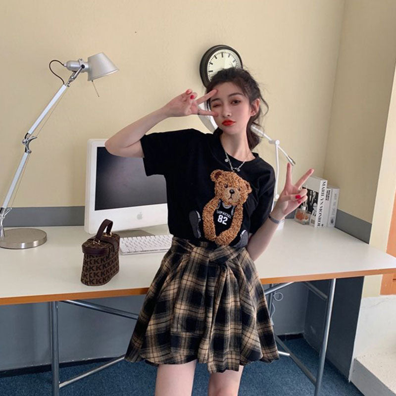 クマプリント半袖Tシャツ＆チェック柄不規則スカートセットアップ