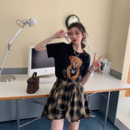 クマプリント半袖Tシャツ＆チェック柄不規則スカートセットアップ
