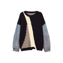 画像をギャラリービューアに読み込む, 配色切替デニム切替ダメージデザインニットセータートップス
