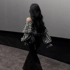 チェック柄ボートネックパフスリーブブラウストップス