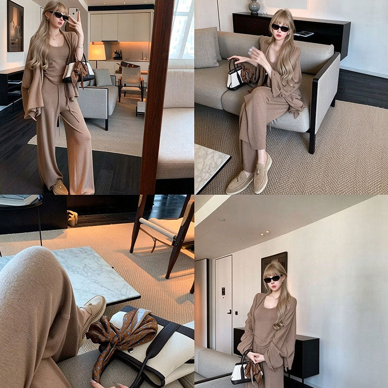 3 点セット ニットカーディガン + ベスト + ワイドパンツ 韓国風 ゆったり リラックスセットアップ大人可愛い ワンマイルウェア 部屋着 外出着