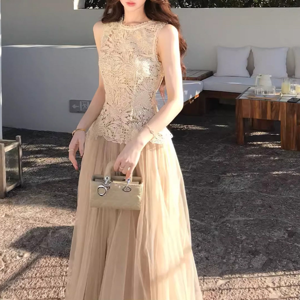 レース チュール セットアップ レディース ノースリーブ ロングスカート きれいめ デート 結婚式 パーティー