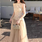 レース チュール セットアップ レディース ノースリーブ ロングスカート きれいめ デート 結婚式 パーティー