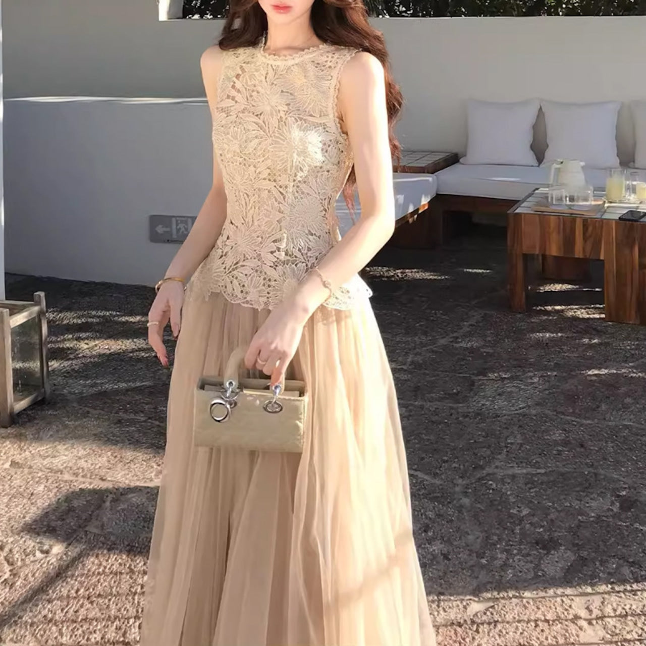 レース チュール セットアップ レディース ノースリーブ ロングスカート きれいめ デート 結婚式 パーティー