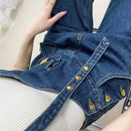 不規則ショルダーデザインデニムパンツサロペットオールインワン