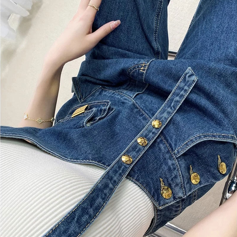不規則ショルダーデザインデニムパンツサロペットオールインワン