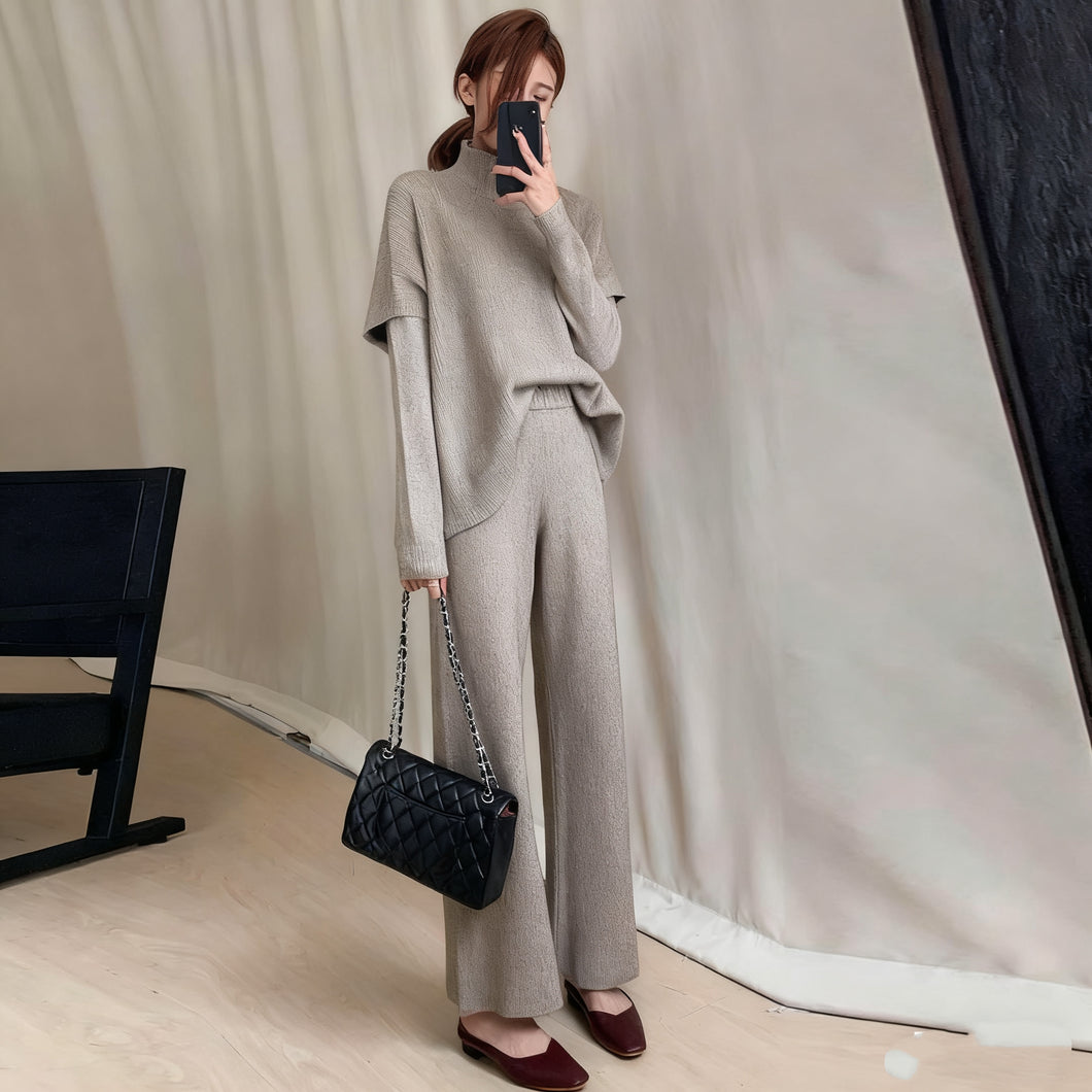 ニット3点セットベスト＆カジュアルセーター＆ガウチョパンツ着回し優雅セットアップ