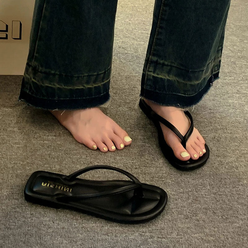 ビーチサンダル フラット スクエアトゥ 細紐 ビーサン 韓国風 シンプル 痛くない 海 プール 外出 家履き 4 色展開