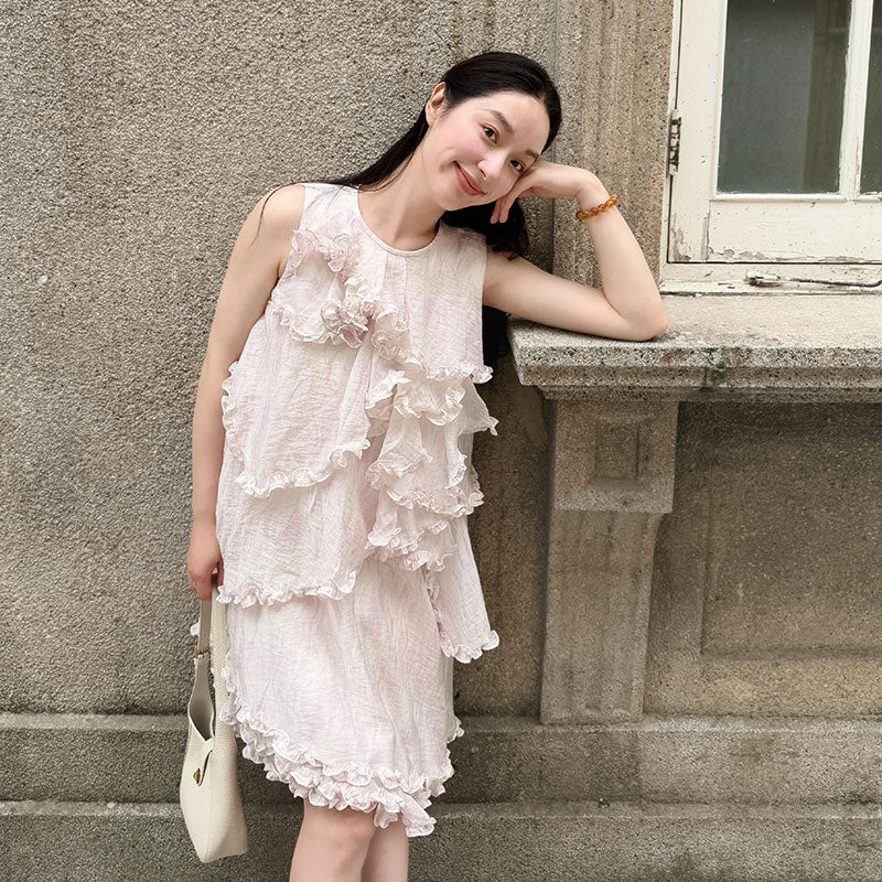 フリル ケーキレイヤード ノースリーブ ミニワンピース ゆるシルエットカジュアルワンピース