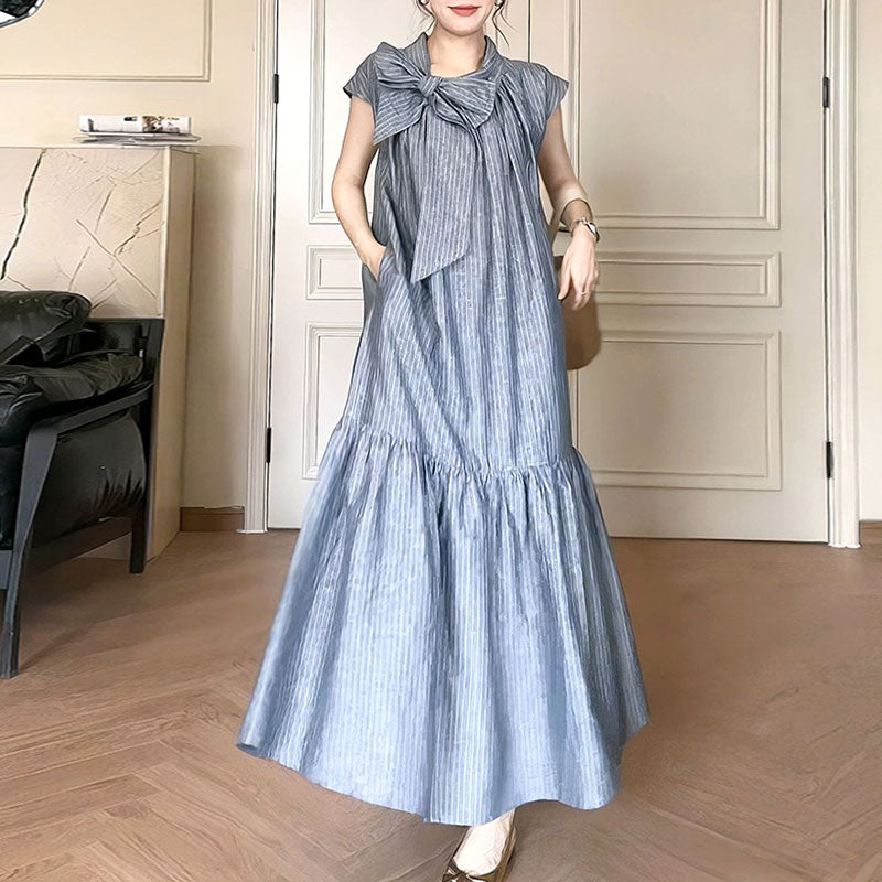 ストライプ柄リボンフレンチ袖カジュアルワンピース