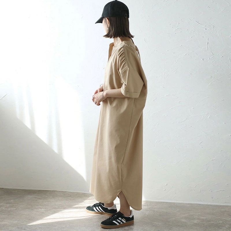 後ろギャザーデザイン半袖カジュアルワンピース