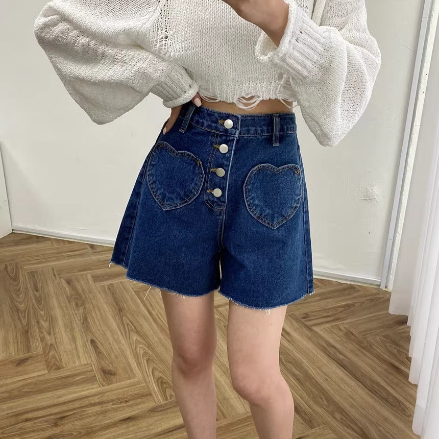 ハイウエストデニムショートパンツデニムパンツハートポケット
