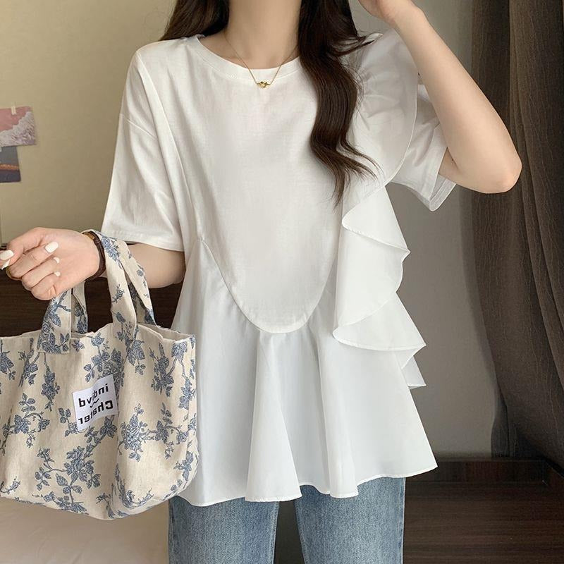 フレア裾切替不規則Tシャツトップス