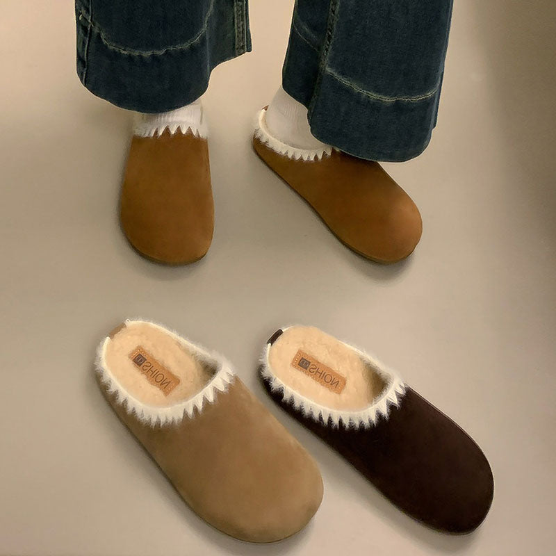 裏ボア あったかミュール防寒スリッパ 室内履き お出かけ OK 丸トゥ カラーシューズ