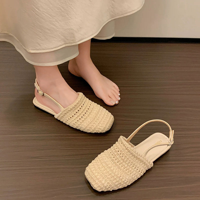 編み スクエアトゥ バックストラップ フラットサンダル 通気性 ナチュラルシューズ