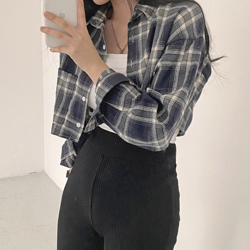 チェック柄ショート丈シャツトップス