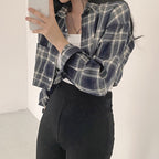 チェック柄ショート丈シャツトップス