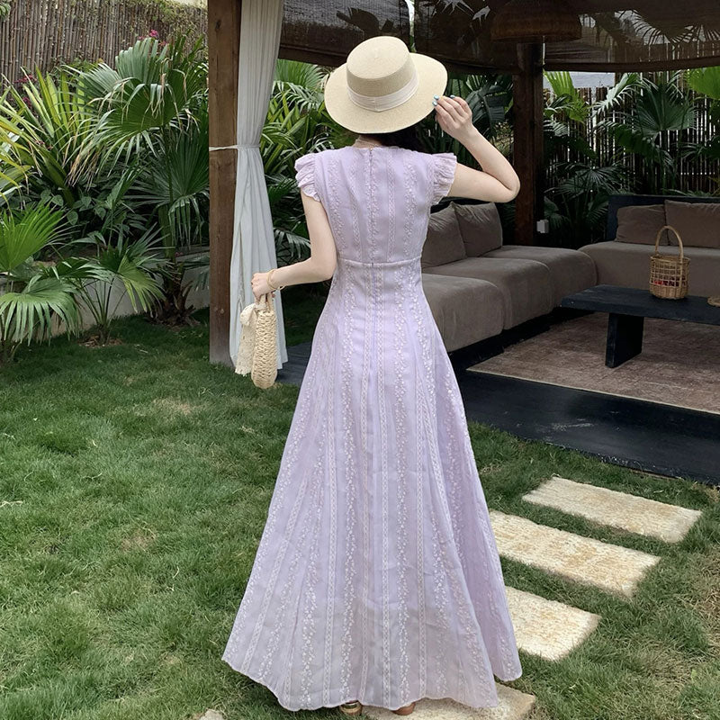 レースワンピース Vネック フリル袖デートワンピース刺繍ドレス 大人可愛い