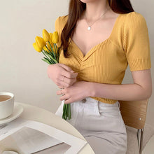画像をギャラリービューアに読み込む, 無地Vネックギャザーデザイン半袖ニットトップス
