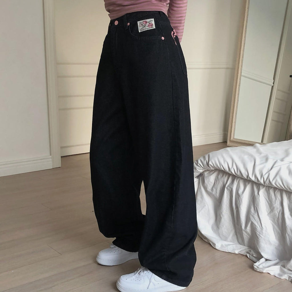ワイドデニムパンツ ハイウエスト 後ろ刺繍  ルーズシルエット体型カバー ロングパンツ