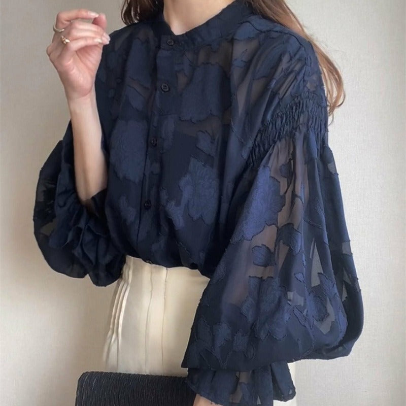 前後リバーシブル花柄シースルートラペットブラウストップス
