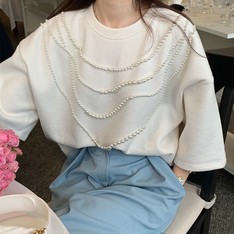 半袖Tシャツビーズ付きシンプルコーデしやすいトップス