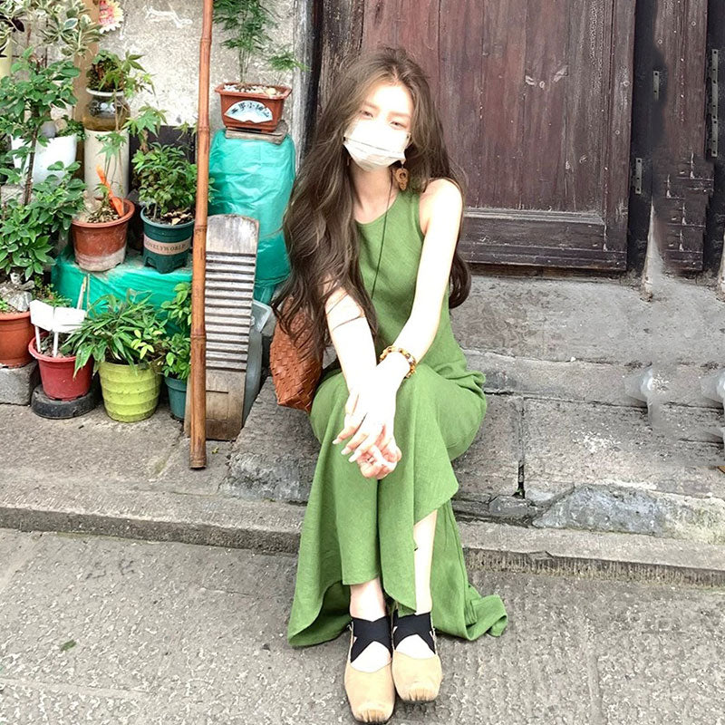 ノースリーブ リネン風 ロングワンピースマキシ丈 韓国風 ゆったり ナチュラル リゾート お出かけかじゃうる