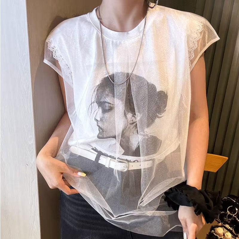 レースフレンチ袖重ね風Tシャツトップス