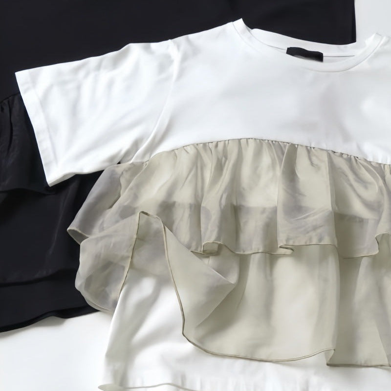 メッシュ切替フレア裾半袖Tシャツトップス