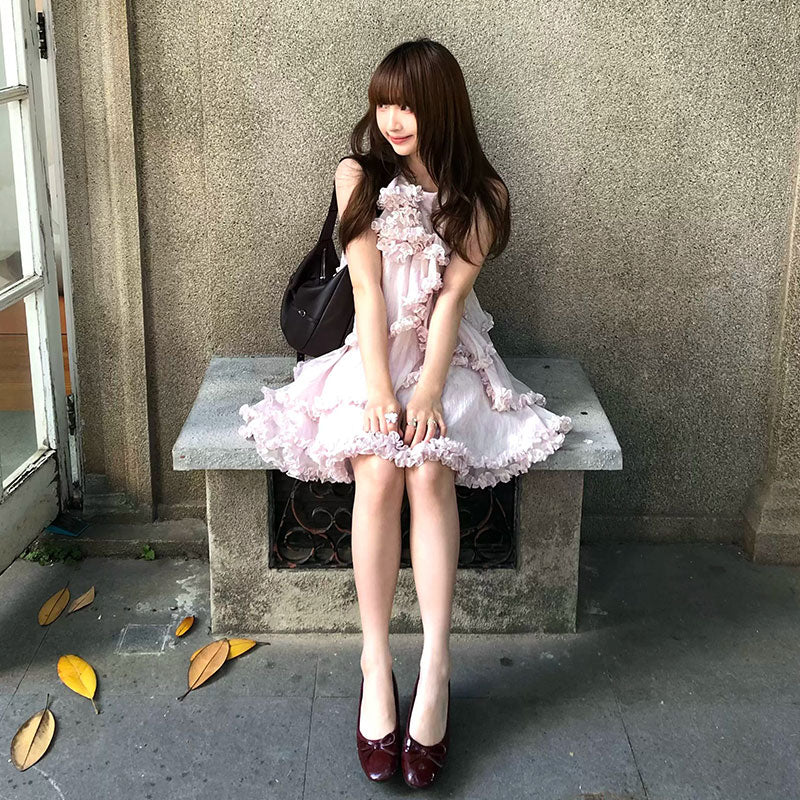 フリル ケーキレイヤード ノースリーブ ミニワンピース ゆるシルエットカジュアルワンピース
