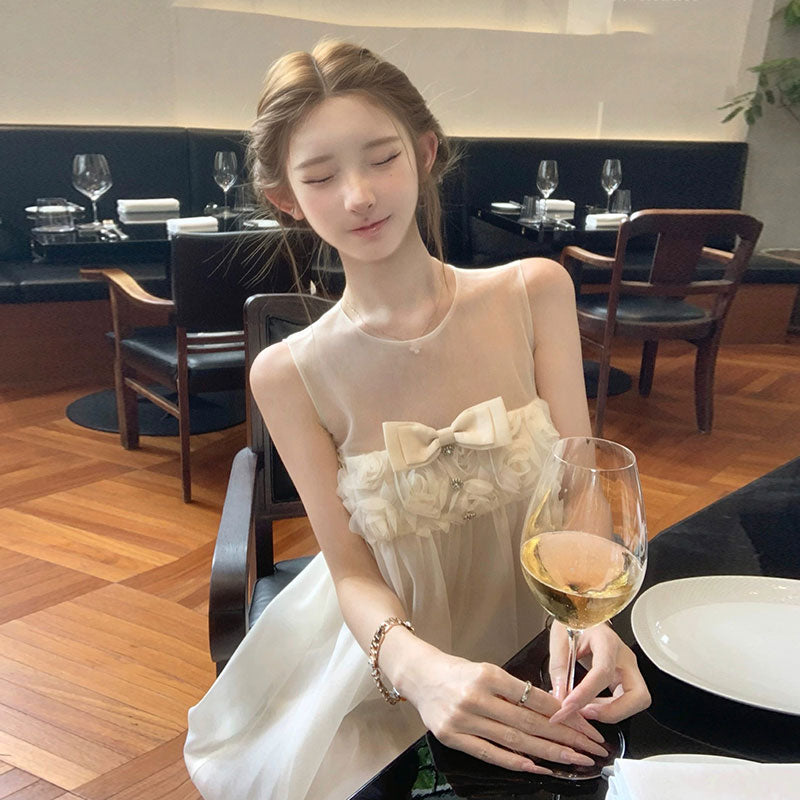 カジュアルワンピース チュールミニ丈 バラレースリボン 韓国風 大人可愛い デートワンピース パーティー