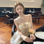 カジュアルワンピース チュールミニ丈 バラレースリボン 韓国風 大人可愛い デートワンピース パーティー