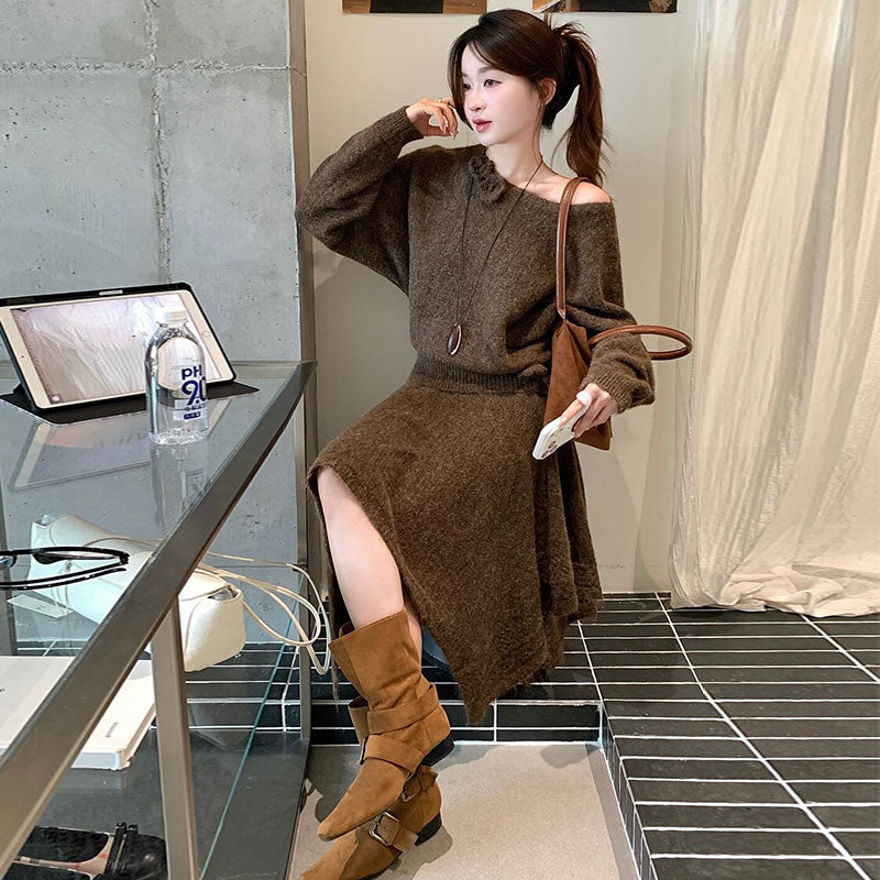 大人女子秋冬コーデ オフショルダー花飾りニットトップス＋アシンメトリースカート 2 点セット柔らか素材 韓国系（ベルトなし）
