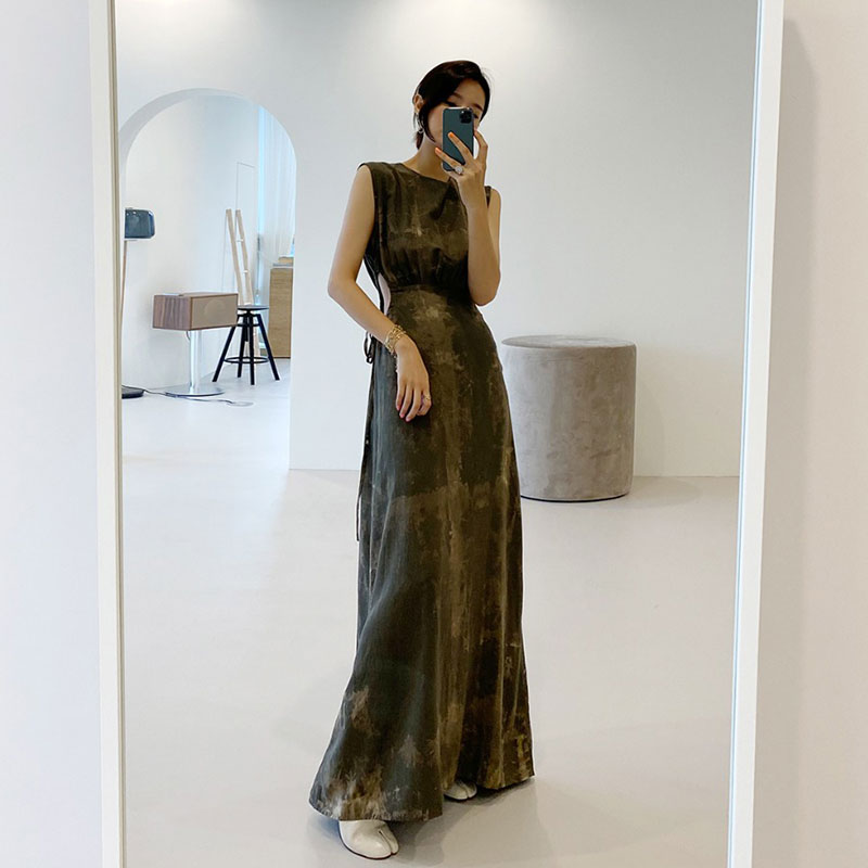 エレガンス水墨画ウエスト締めデートワンピース