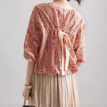 画像をギャラリービューアに読み込む, ネスニック柄後ろリボンパフスリーブブラウストップス

