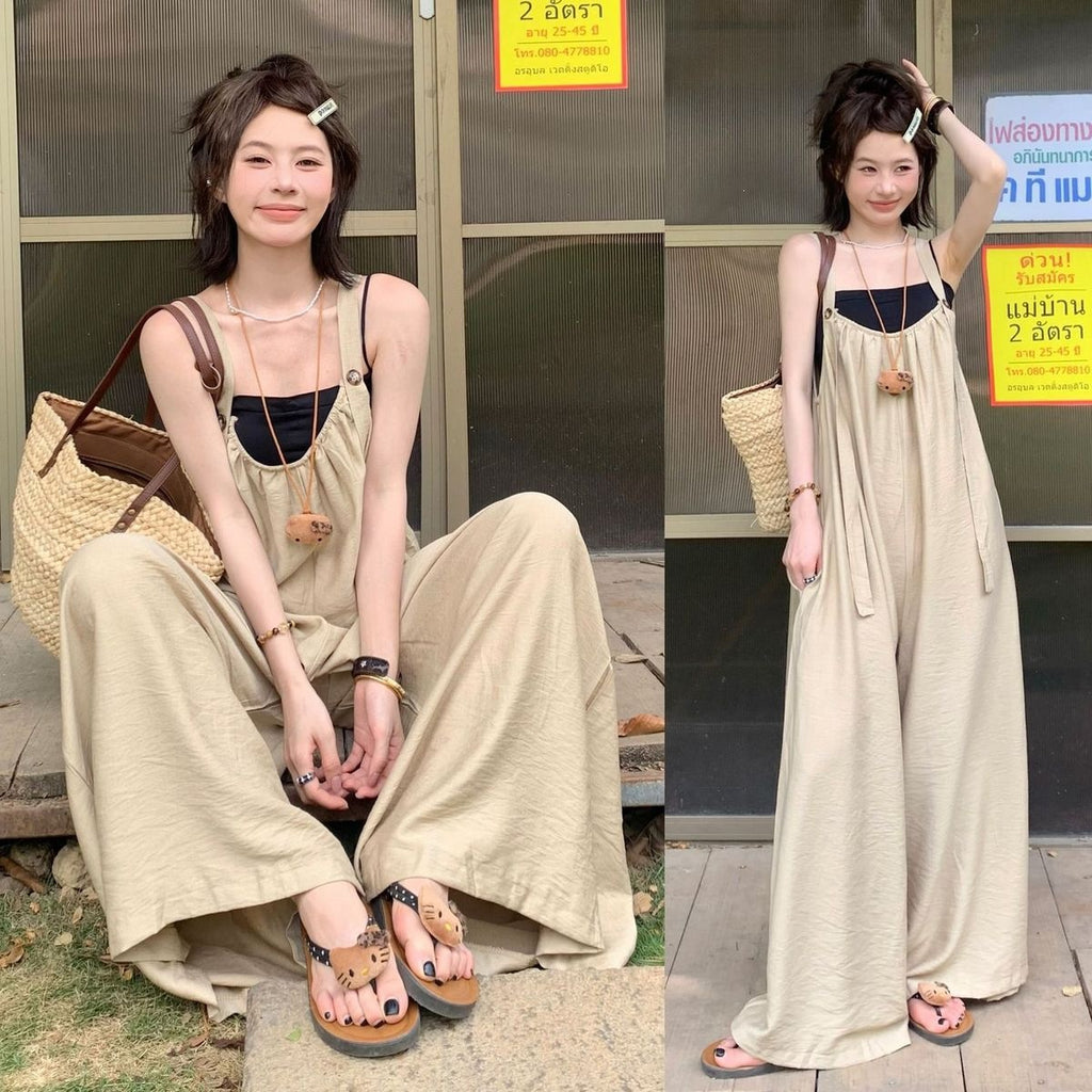 サロペット（トップスなし） ゆったり ワイドパンツ 体型カバー 無地 オーバーオール リラックス 一枚着 旅行コーデ