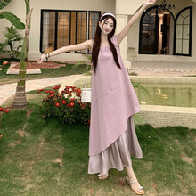 画像をギャラリービューアに読み込む, 重ね風フレア裾切替ベストワンピースカジュアルワンピース
