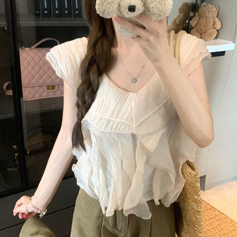 メッシュフレア裾ブラウストップス