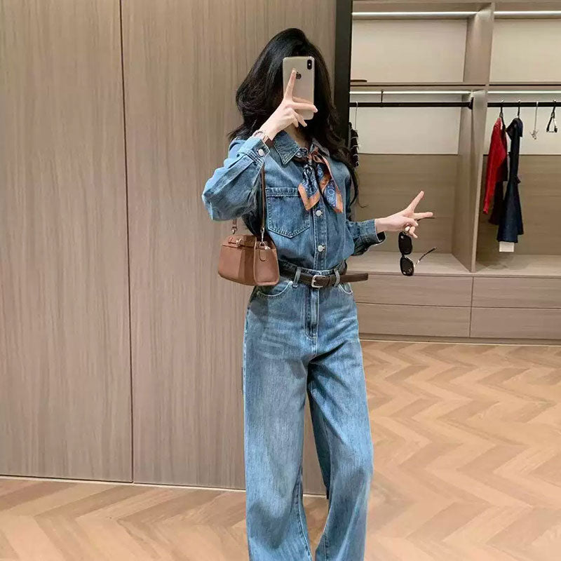 【オシャレ通勤】デニムセットアップ 長袖トップス+ハイウエストワイドパンツ カジュアルコーデ 着回し力抜群ベルトとスカーフ付き