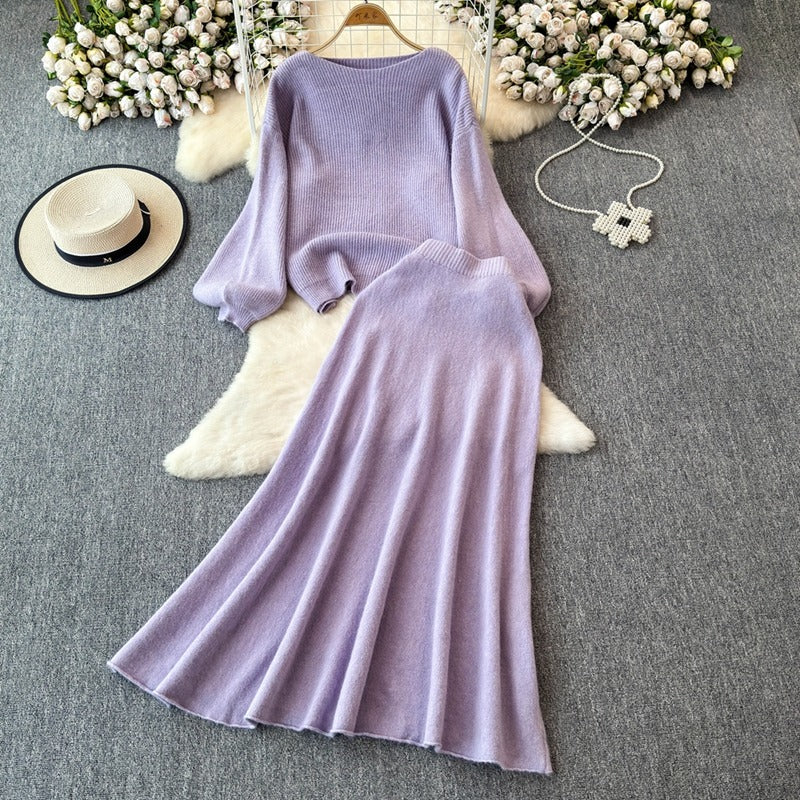 パフスリーブニットセーター＆ロングスカートセットアップ