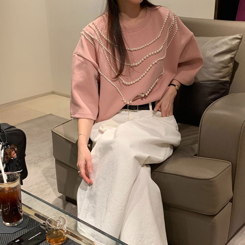 半袖Tシャツビーズ付きシンプルコーデしやすいトップス