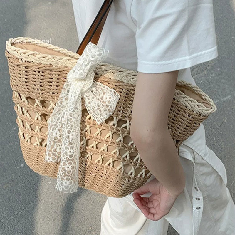 レースリボン付き 草編みトートバッグ 大容量 カゴバッグ ショルダーバッグ ナチュラル 通勤 ビーチ お出かけ
