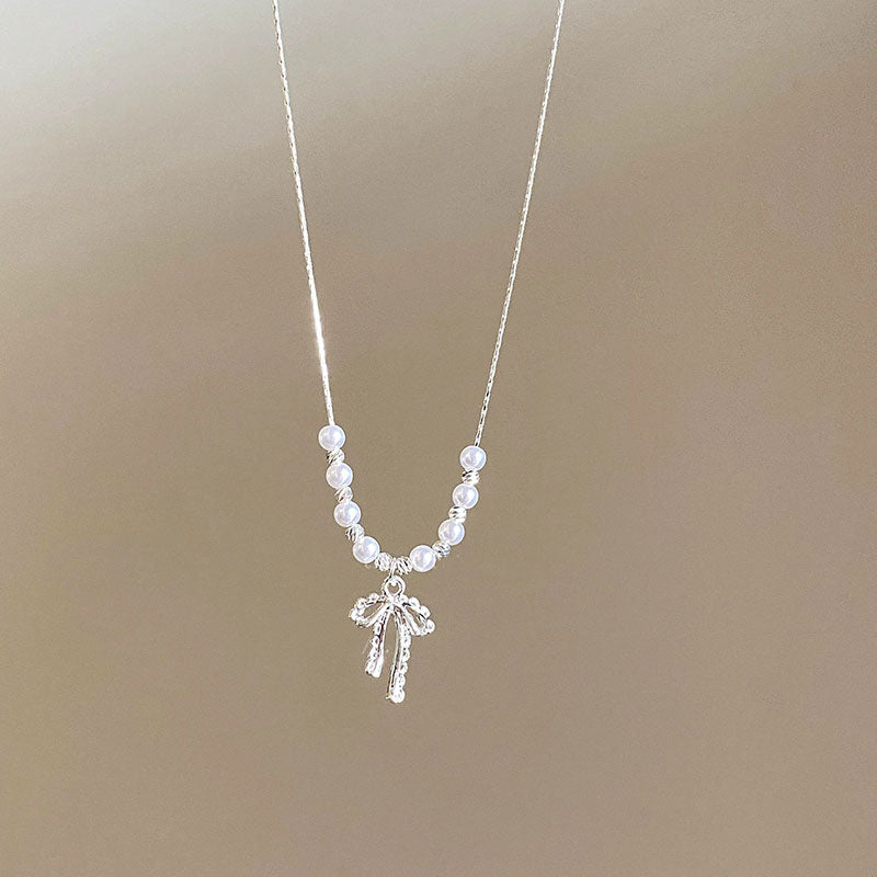 リボン パール シルバーネックレス レディース 可愛い 大人可愛いアクセサリー
