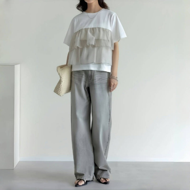 メッシュ切替フレア裾半袖Tシャツトップス