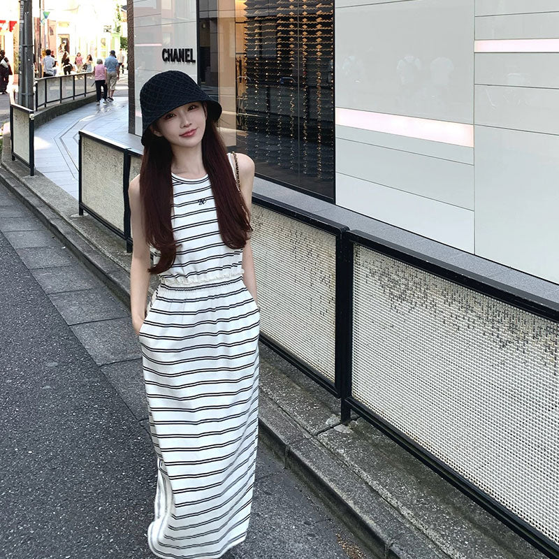 ボーダー ノースリーブ ワンピース ウエストゴム ロング丈 ポケット付きデートワンピース