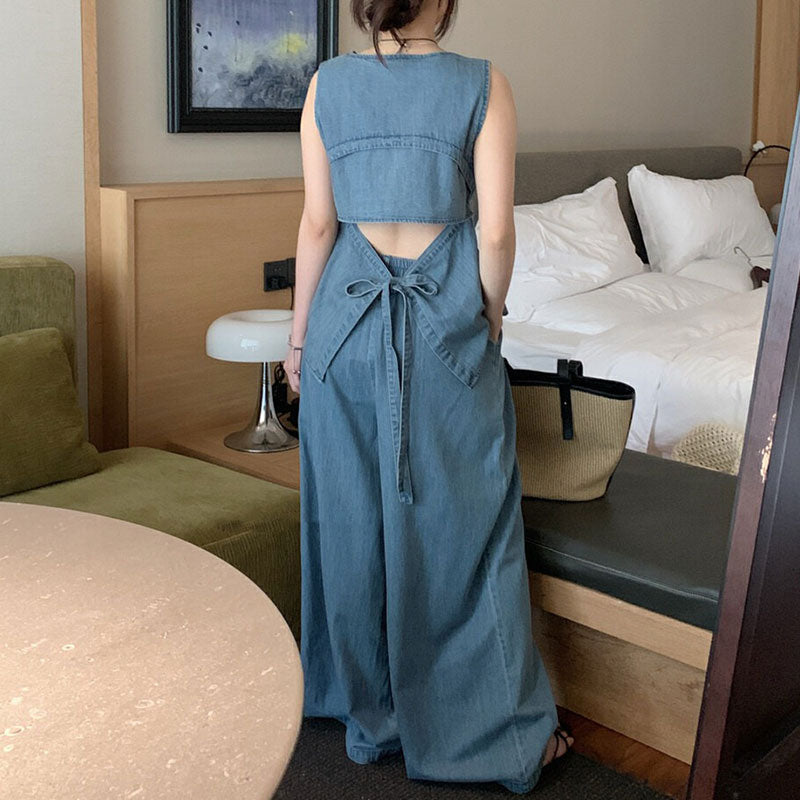 後ろリボンデニムベスト＆カジュアルパンツセットアップ