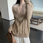 ファー襟 V ネック ケーブル編みニットセーター ゆったりトップス 韓国フェミニン 4 色展開