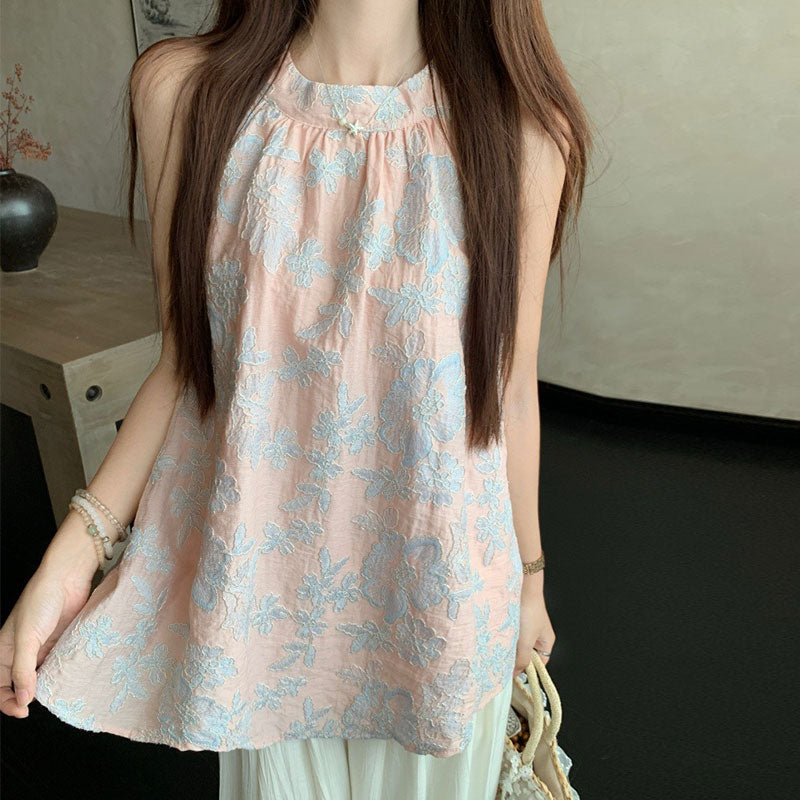 ノースリーブ刺繍花柄ブラウストップス