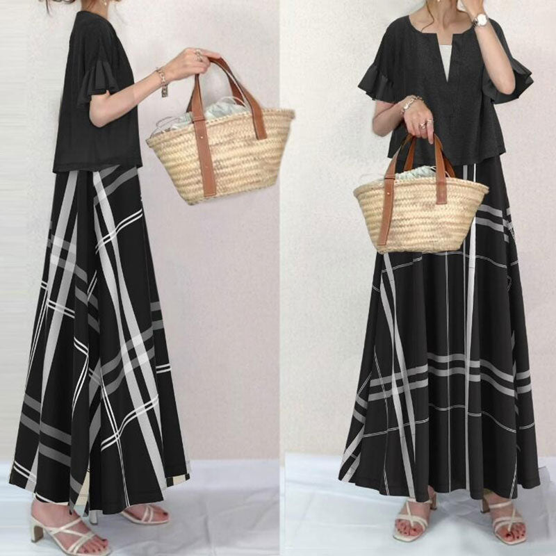 キーネックフレア裾Tシャツ＆ベストワンピースチェック柄ワンピースセットアップ